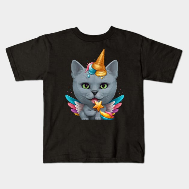 Russian Blue Cat Ice Cream Unicorn Kids T-Shirt by stonemask